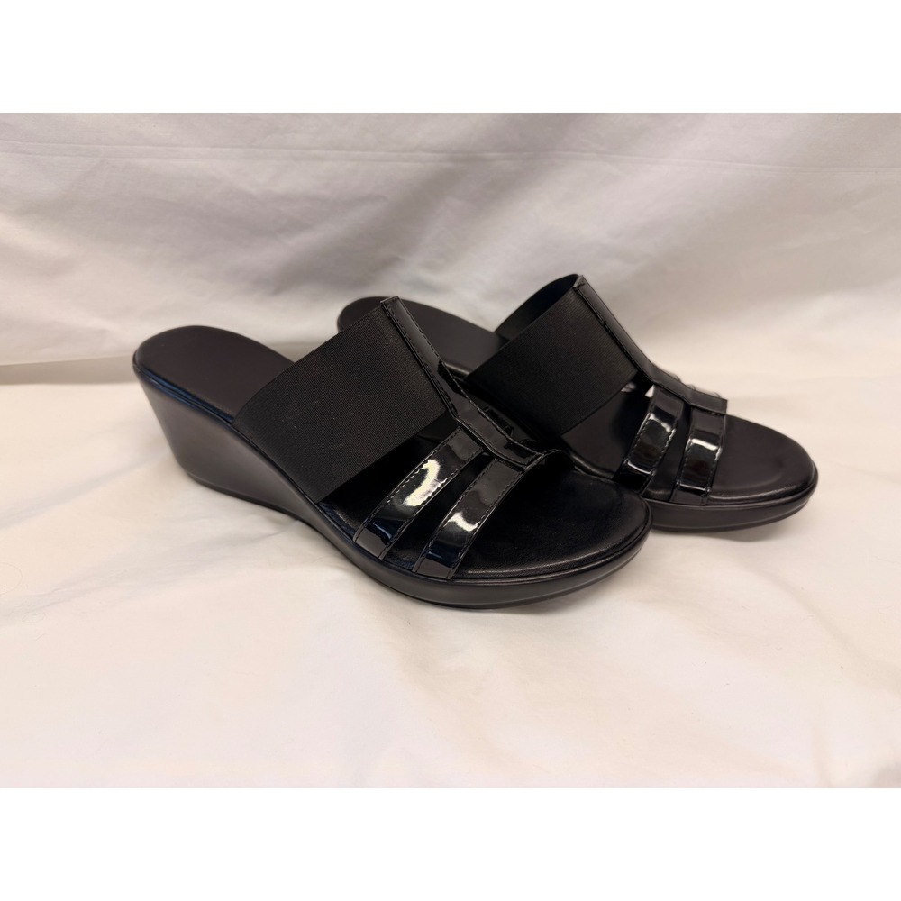 Italian Leather Shoemakers Black Patent Leather Elastic Wedge Sandals Womens 9
